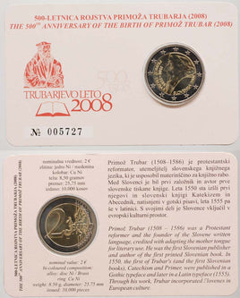 Coincard 2 Euro Commerativ Coin Slovenia 2008 "Primoz Trubar"