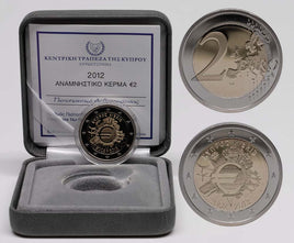 Proof 2 Euro special coin Cyprus 2012 "10 years € cash"